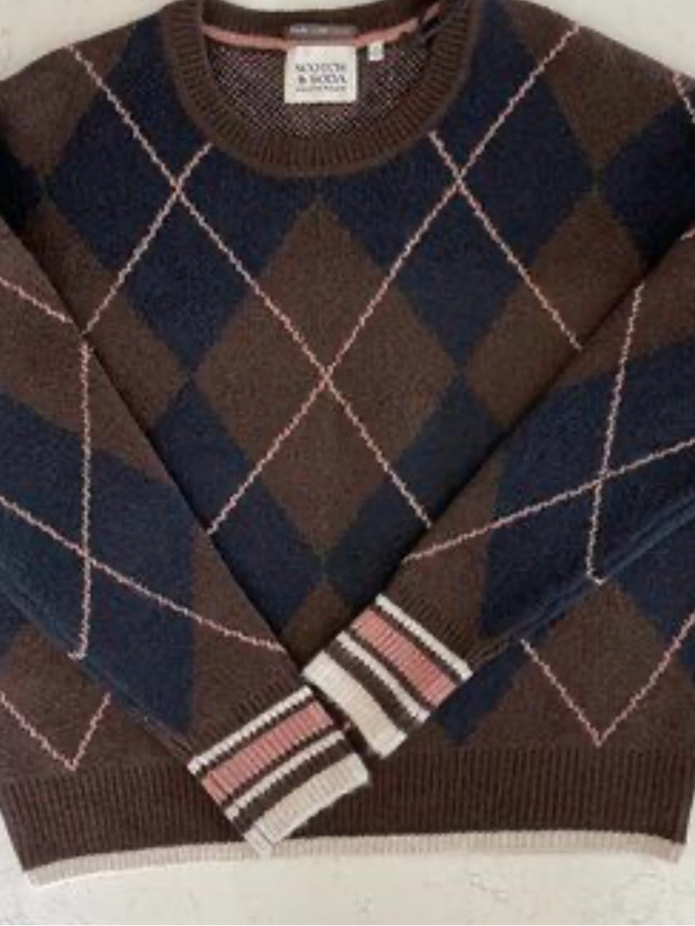 Scotch & Soda Brown and Navy Argyle Crewneck Sweater with Pink Accent